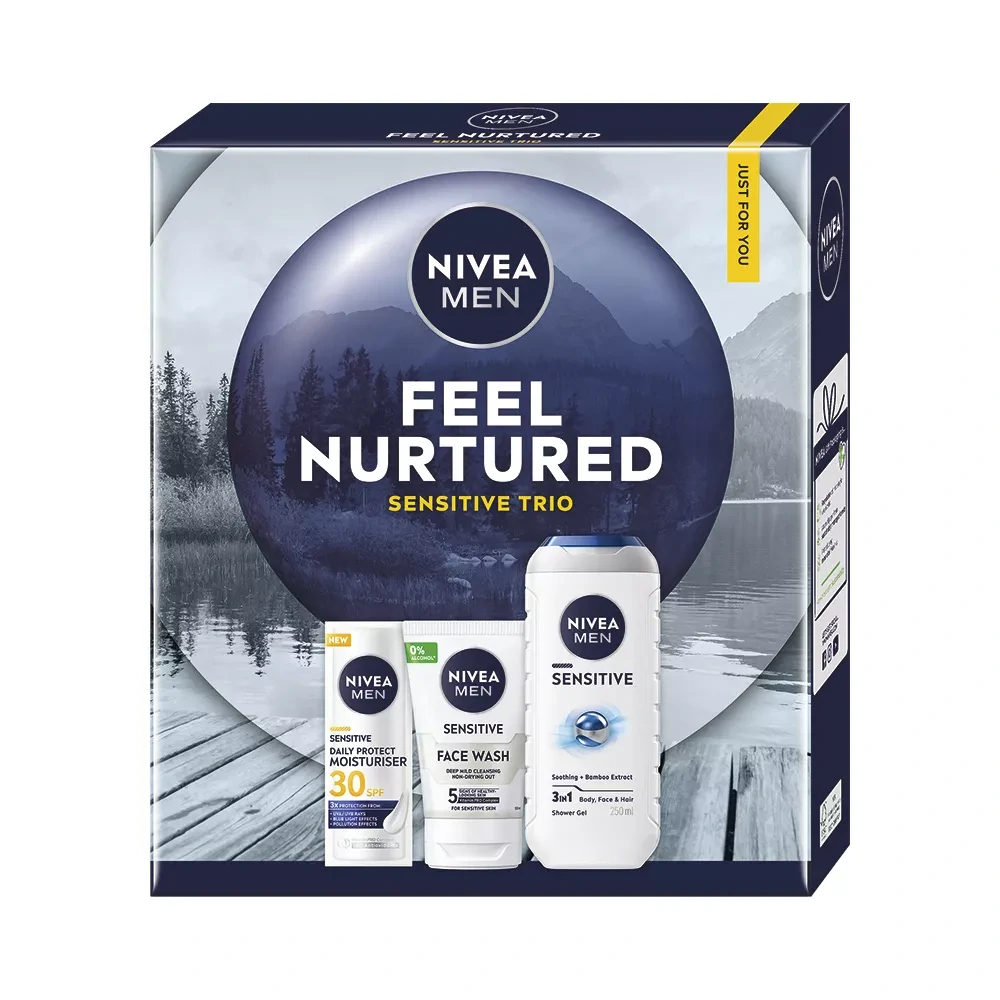 Kazeta: NIVEA M Krém Denný SPF30 50ml+Čistiaci gel Sensitive 100ml+SG Sensitive 250ml
